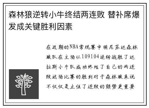 森林狼逆转小牛终结两连败 替补席爆发成关键胜利因素