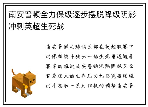 南安普顿全力保级逐步摆脱降级阴影冲刺英超生死战