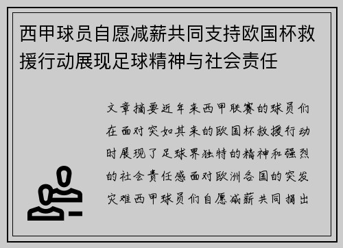 西甲球员自愿减薪共同支持欧国杯救援行动展现足球精神与社会责任