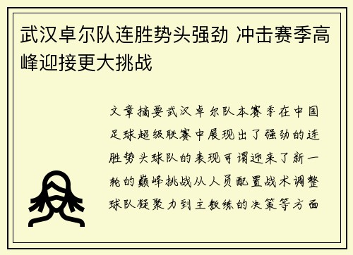 武汉卓尔队连胜势头强劲 冲击赛季高峰迎接更大挑战