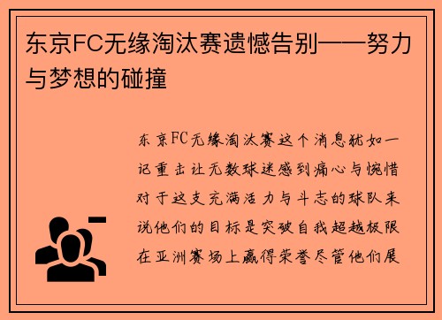 东京FC无缘淘汰赛遗憾告别——努力与梦想的碰撞