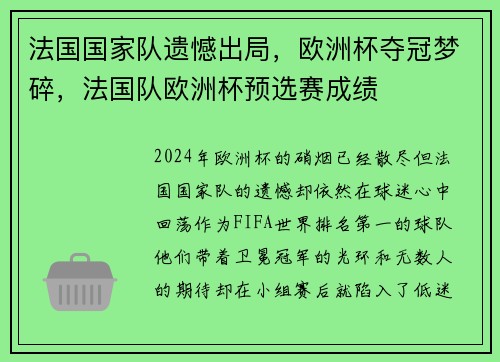 法国国家队遗憾出局，欧洲杯夺冠梦碎，法国队欧洲杯预选赛成绩
