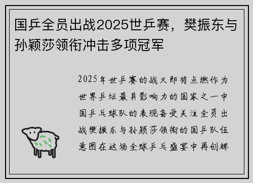 国乒全员出战2025世乒赛，樊振东与孙颖莎领衔冲击多项冠军