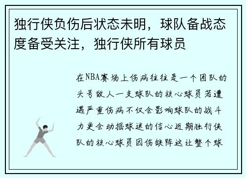 独行侠负伤后状态未明，球队备战态度备受关注，独行侠所有球员